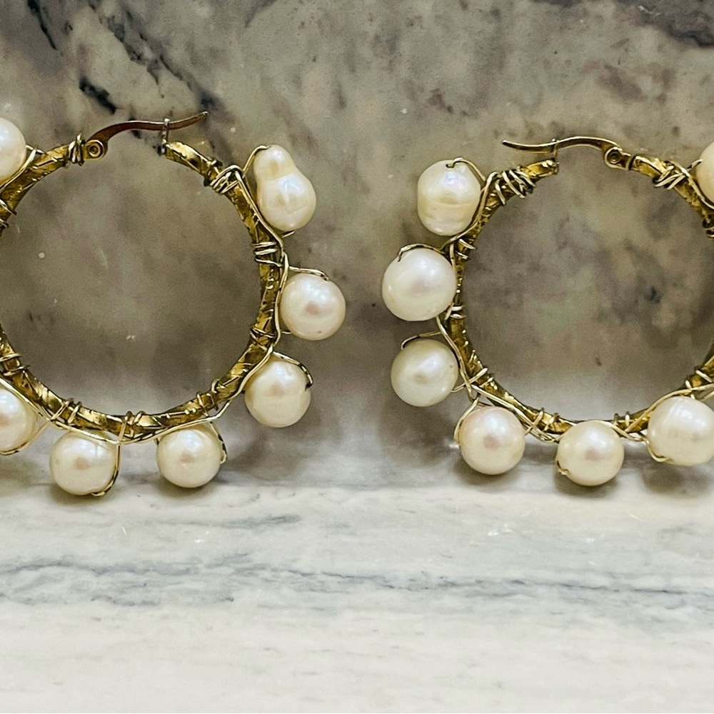 Handmade Pearl Hoop Earrings Gold Tone Artisan Wire Wrapped Statement Jewelry - Picture 14 of 14